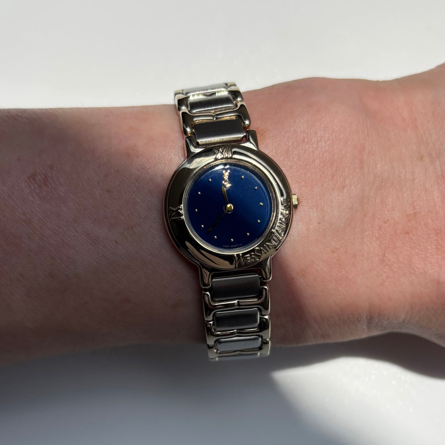 Yves Saint Laurent 1990s Navy Round Dial Two Tone Gold Plated Watch