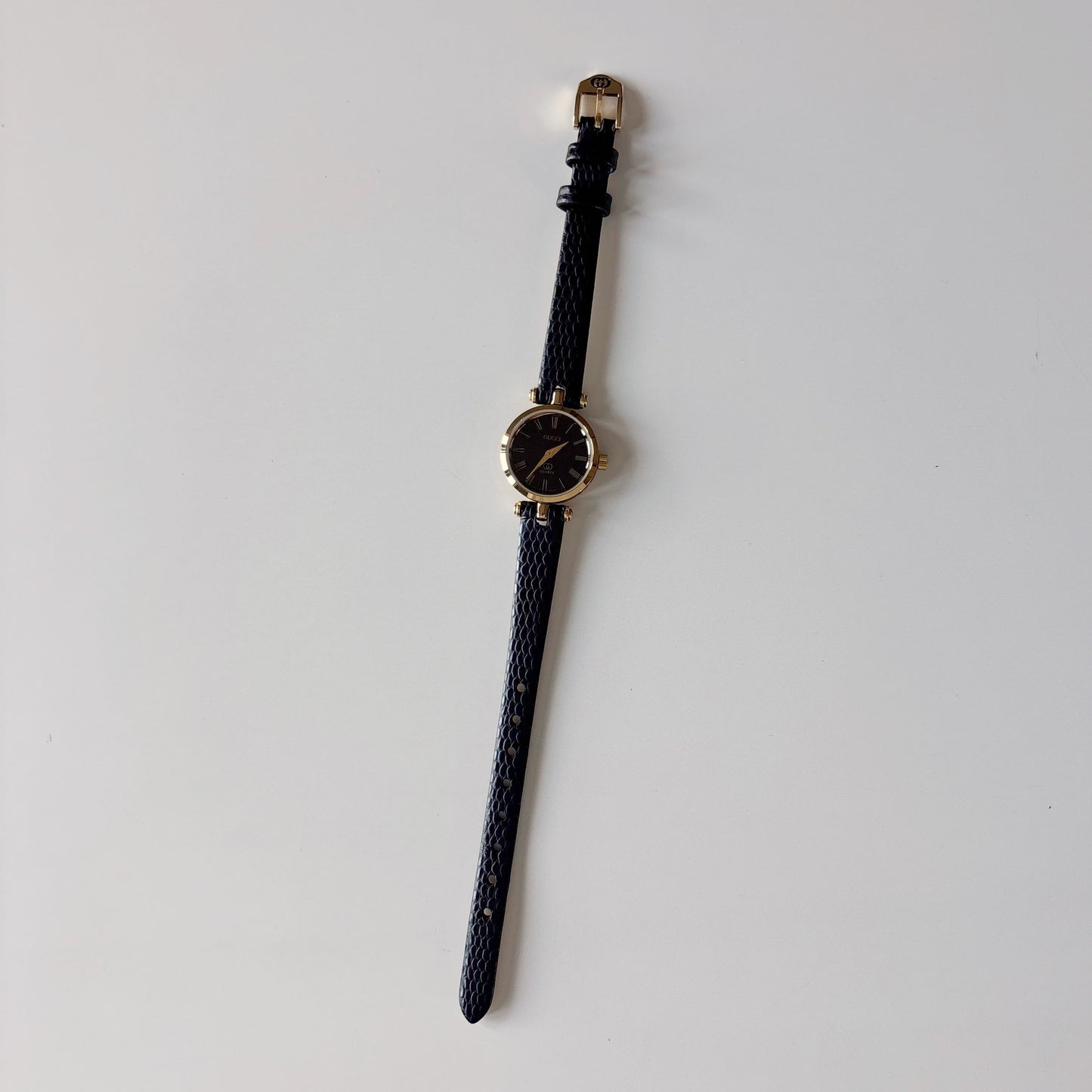 Gucci 1980s Black Round Dial Gold Plated Watch