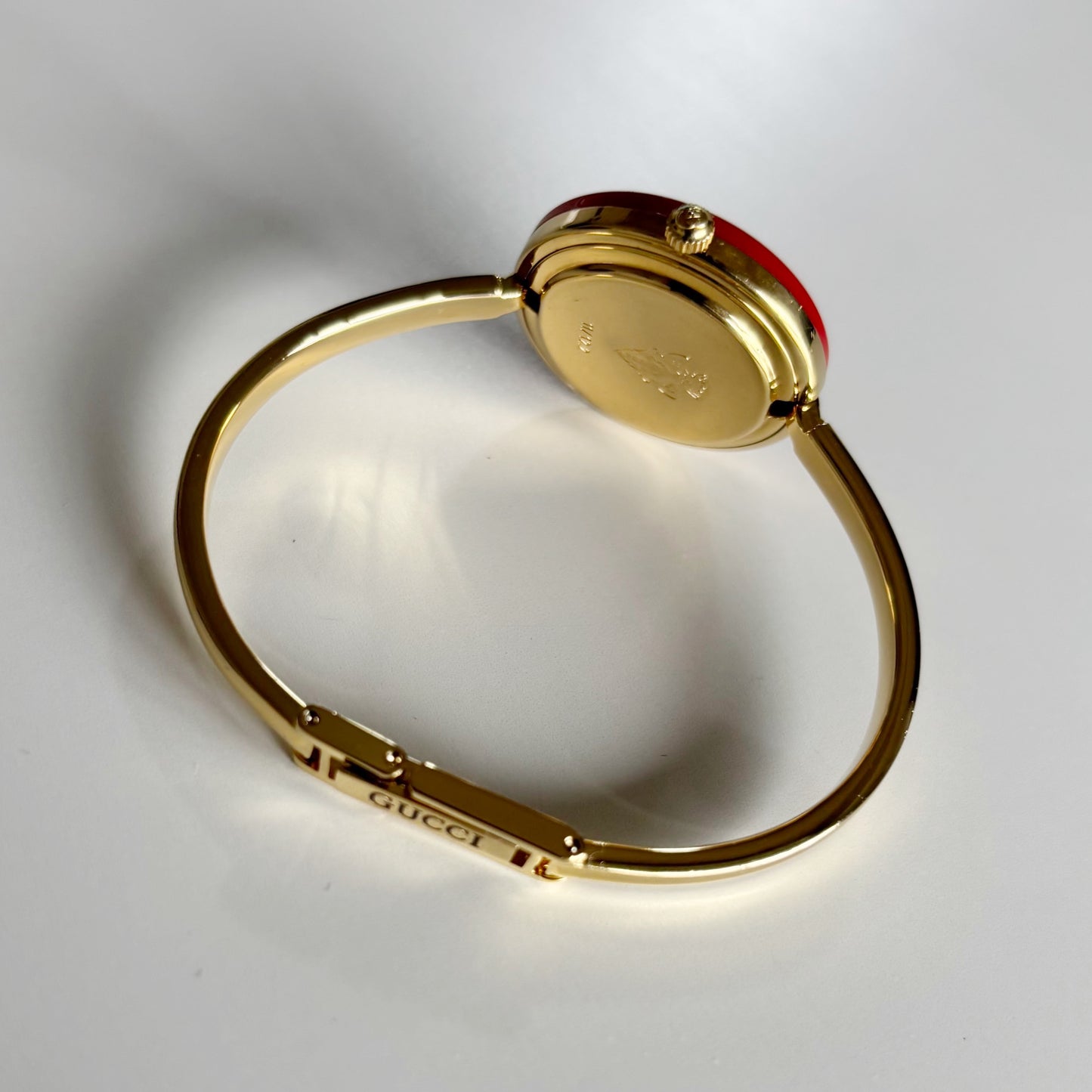 Gucci 1990s Interchangeable Bezel Gold Plated Bangle Watch with case, 12 bezels (Small)
