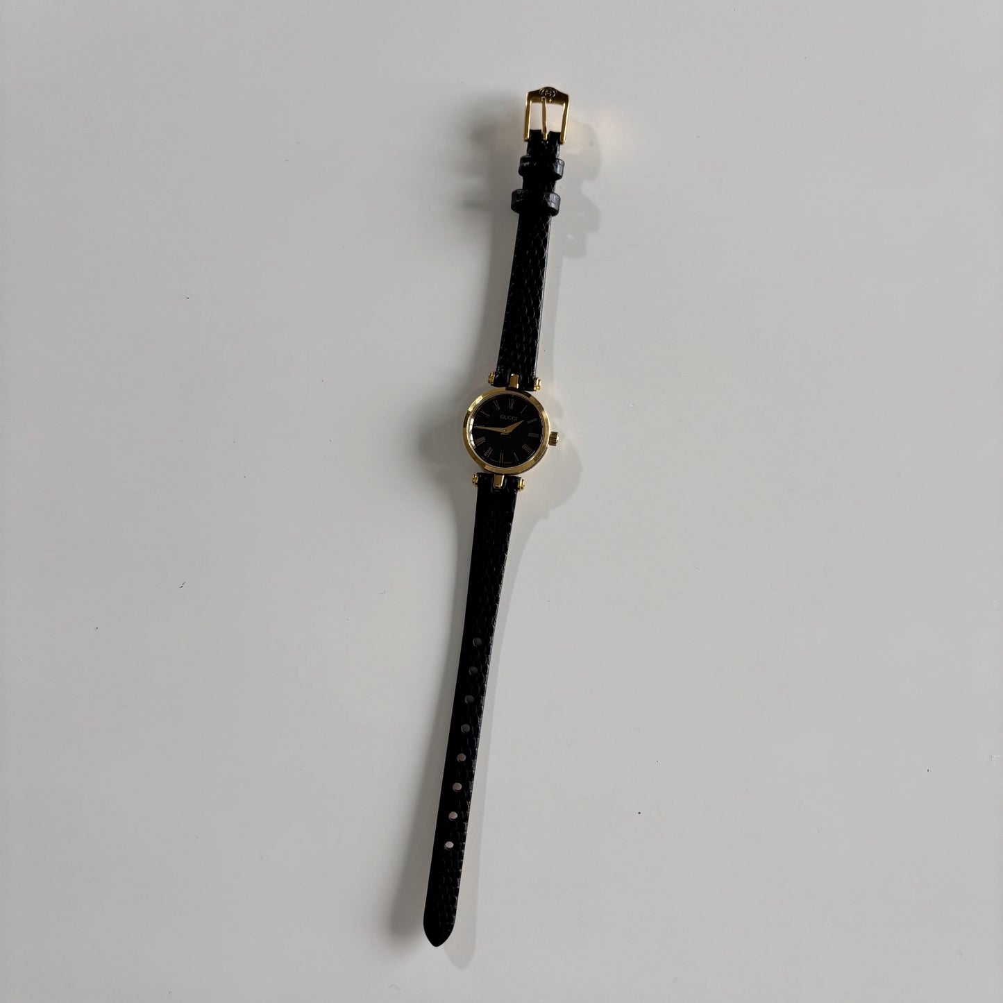 Gucci 1990s Black Round Dial Gold Plated Watch
