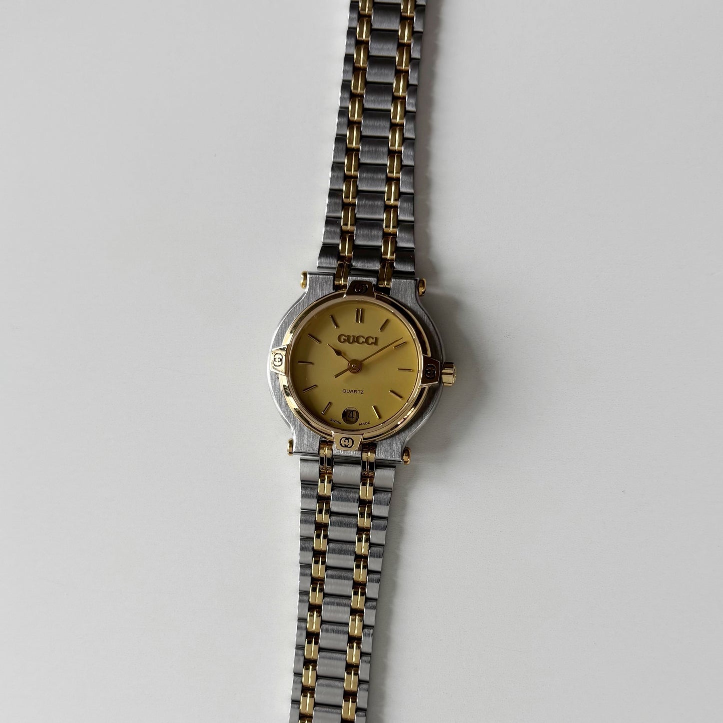 Gucci 1990s Date Round Dial Gold Plated Two Tone Watch