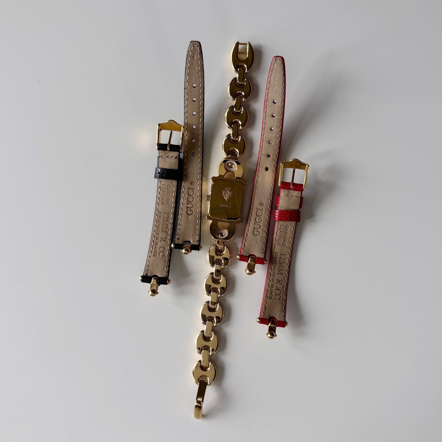 Gucci 1990s Interchangeable Strap Gold Plated Watch with 3 straps, case