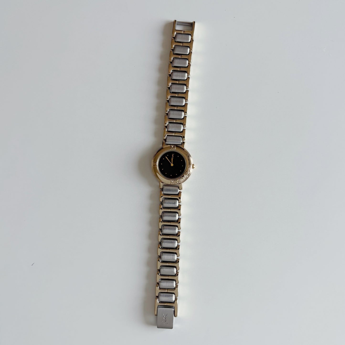Yves Saint Laurent 1990s Black Round Dial Two Tone Watch