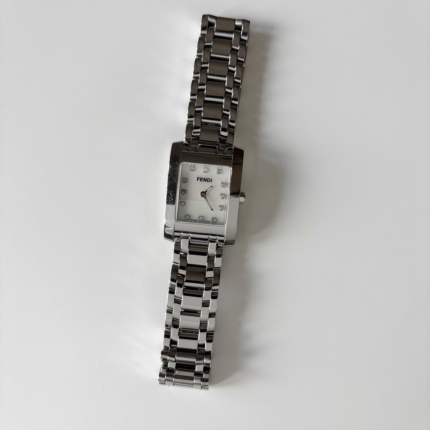 Fendi 1990s Seashell Dial Tank Silver Watch