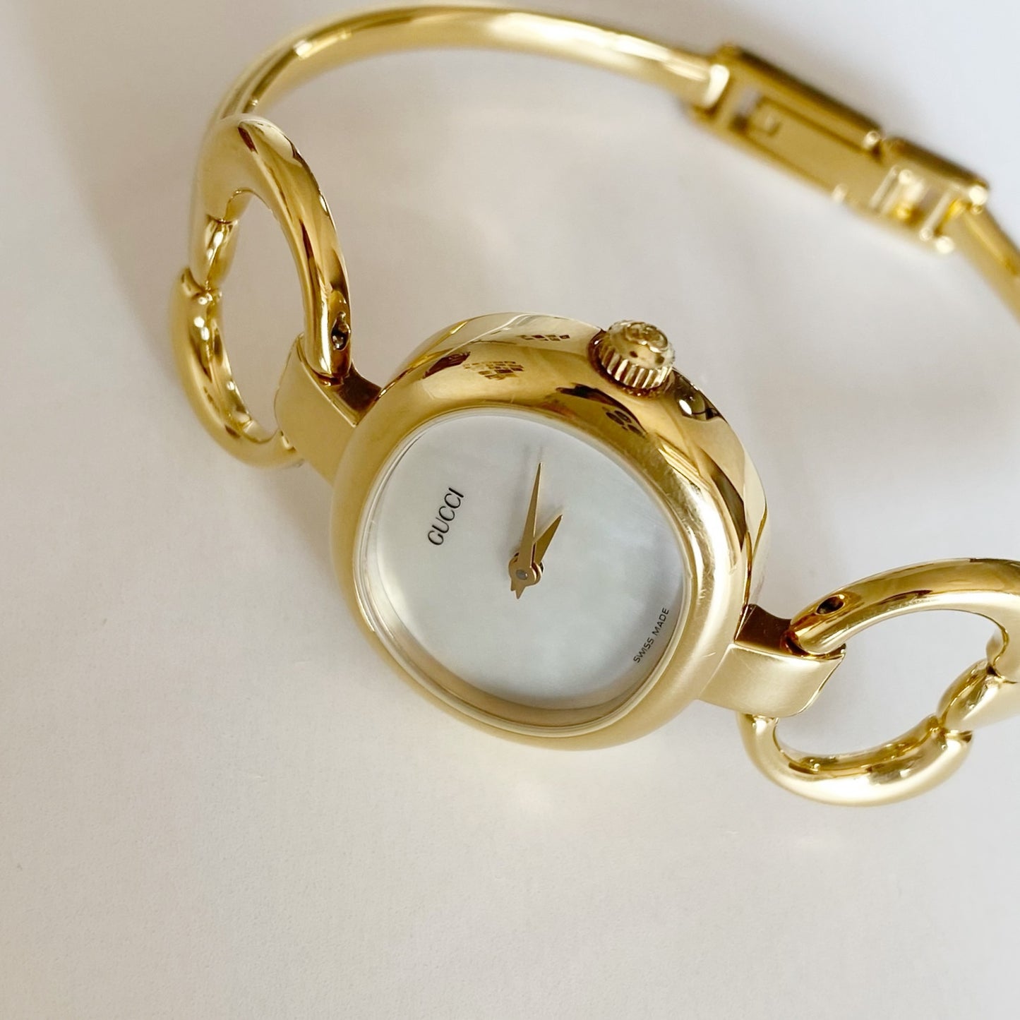Gucci 1990s Seashell Dial Gold Plated Bangle Watch
