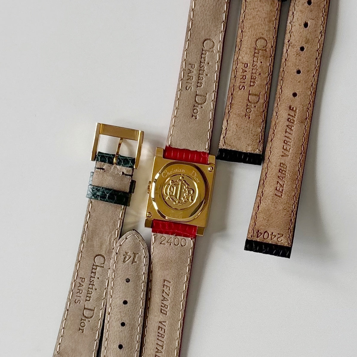 Dior 1990s Square Dial Interchangeable strap Gold Plated Watch with 3 straps, case