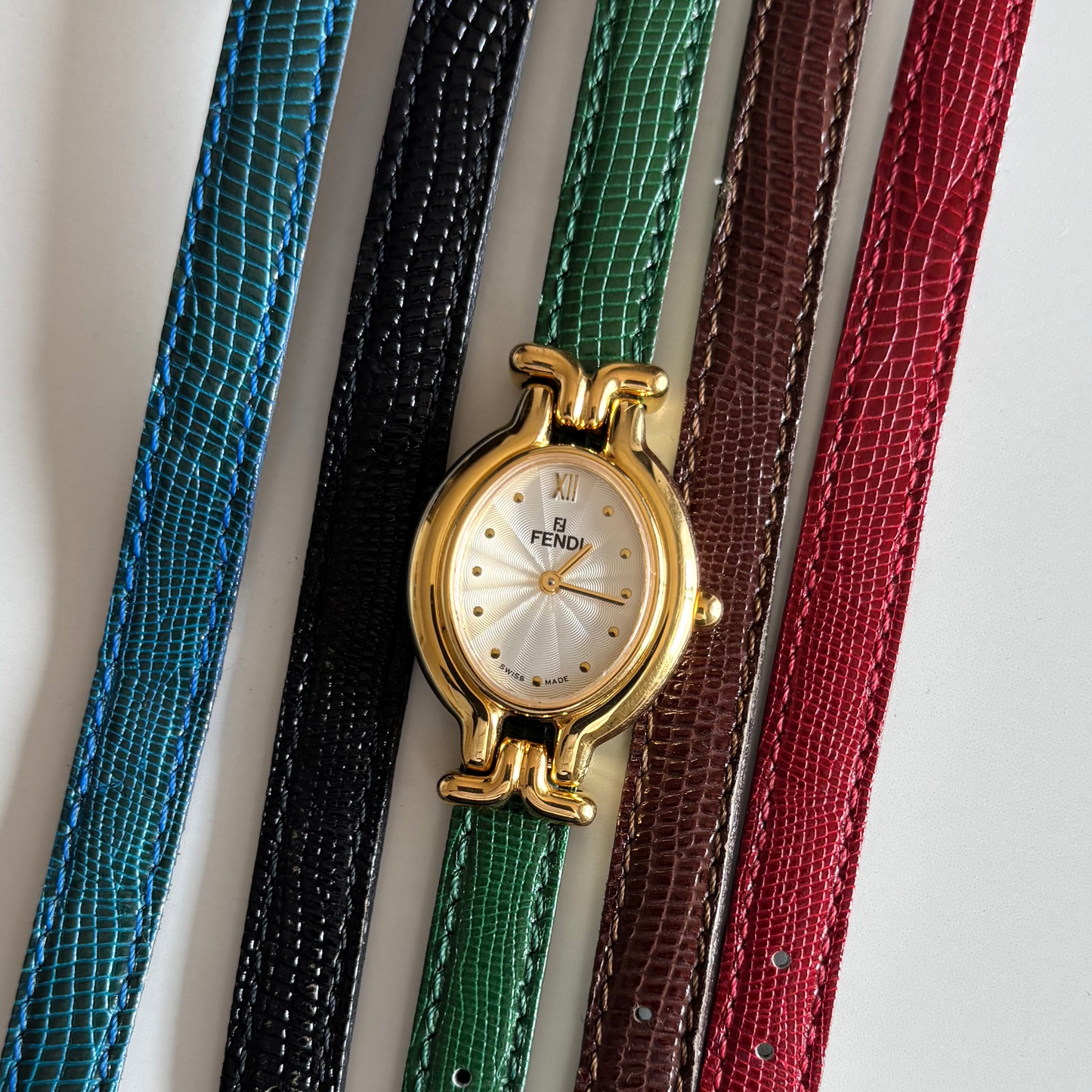 Fendi 1990s Interchangeable Belt Gold Plated Watch with 5 belts, case