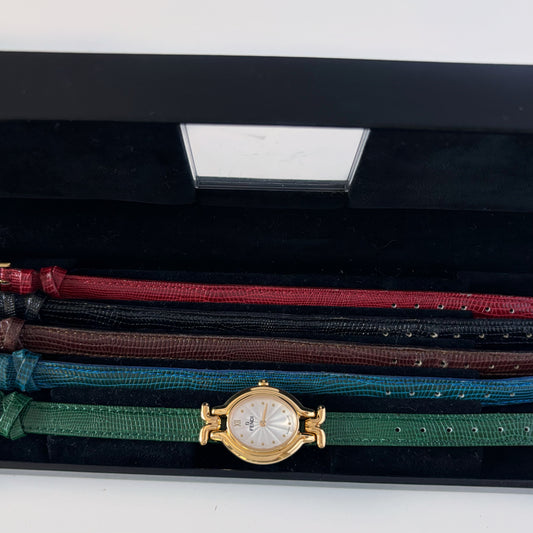Fendi 1990s Interchangeable Belt Gold Plated Watch with 5 belts, case