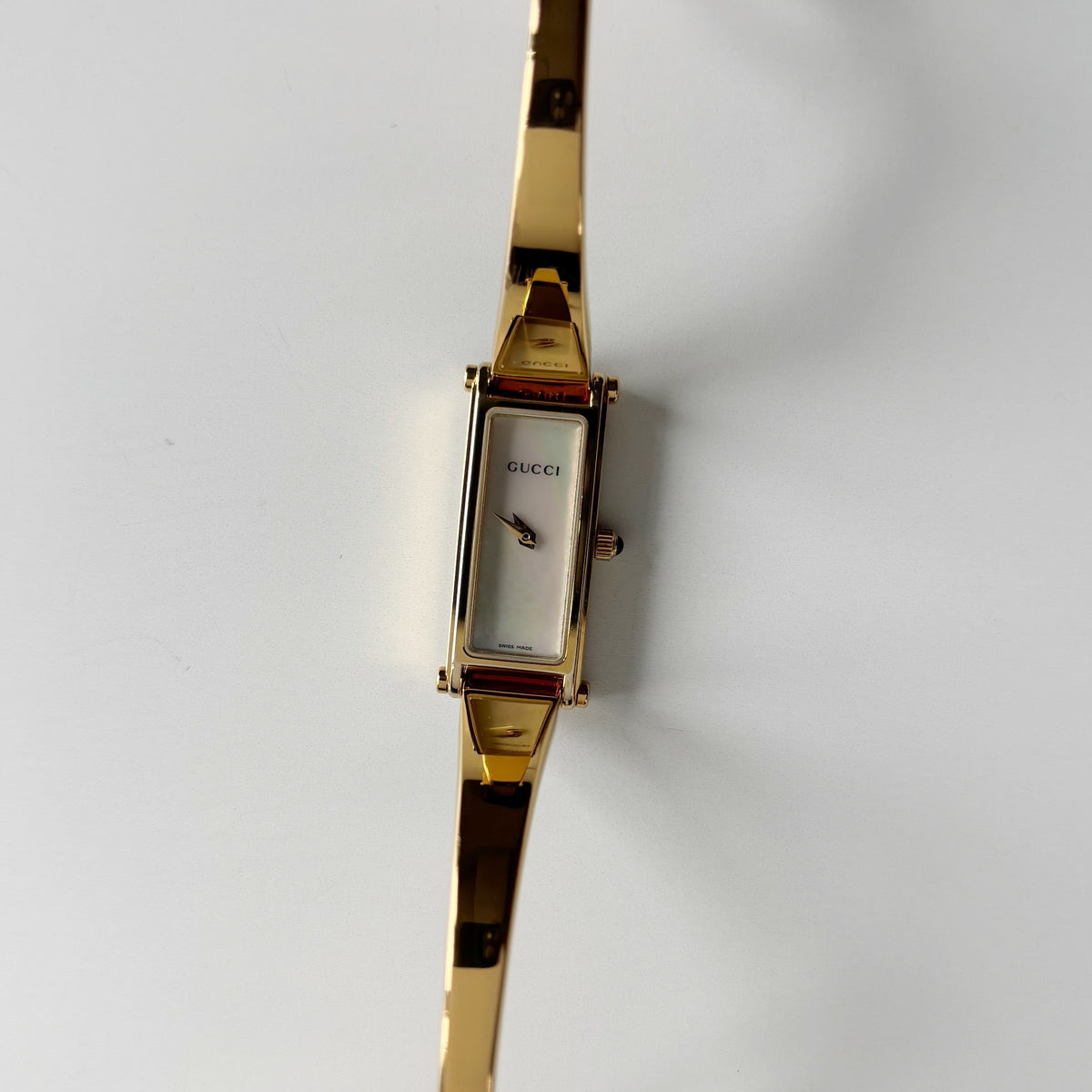 Gucci 1990s Seashell Dial Rectangular Gold-Plated Bangle Watch