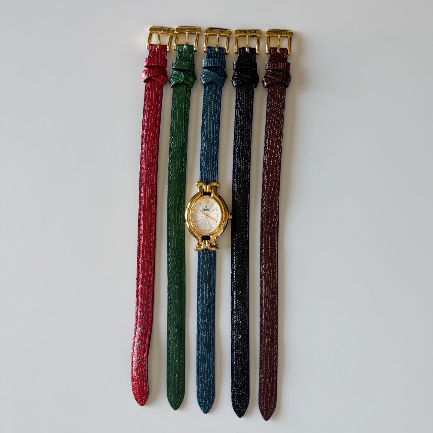 Fendi 1990s Interchangeable Strap Gold Plated Watch with 5 straps, case