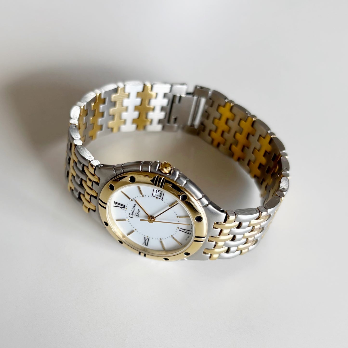 Dior 1990s Date Round Dial Gold Plated Two Tone Watch (Large)