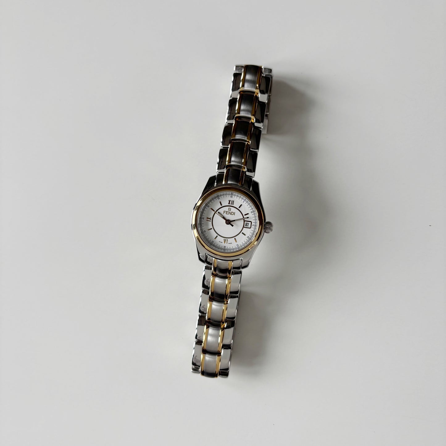 Fendi 1990s Round Dial Date Two Tone Gold Plated Watch