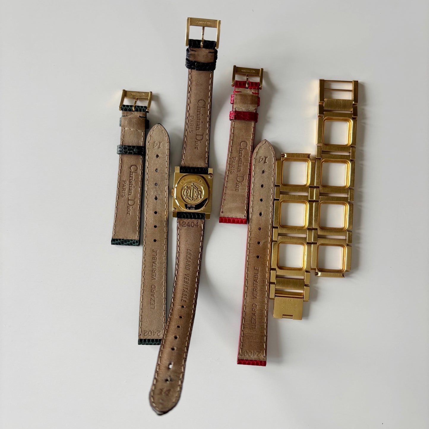 Dior 1990s Interchangeable Strap Gold Plated Watch with 4 straps, case