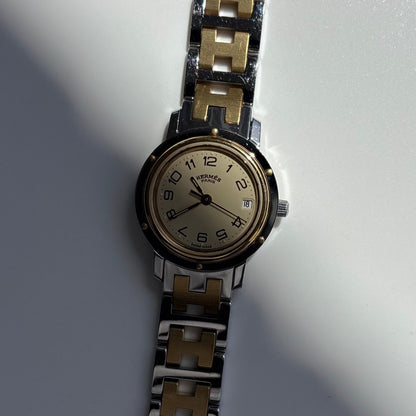 Hermes 1990s Clipper Date Round Dial Gold Plated Two Tone Watch