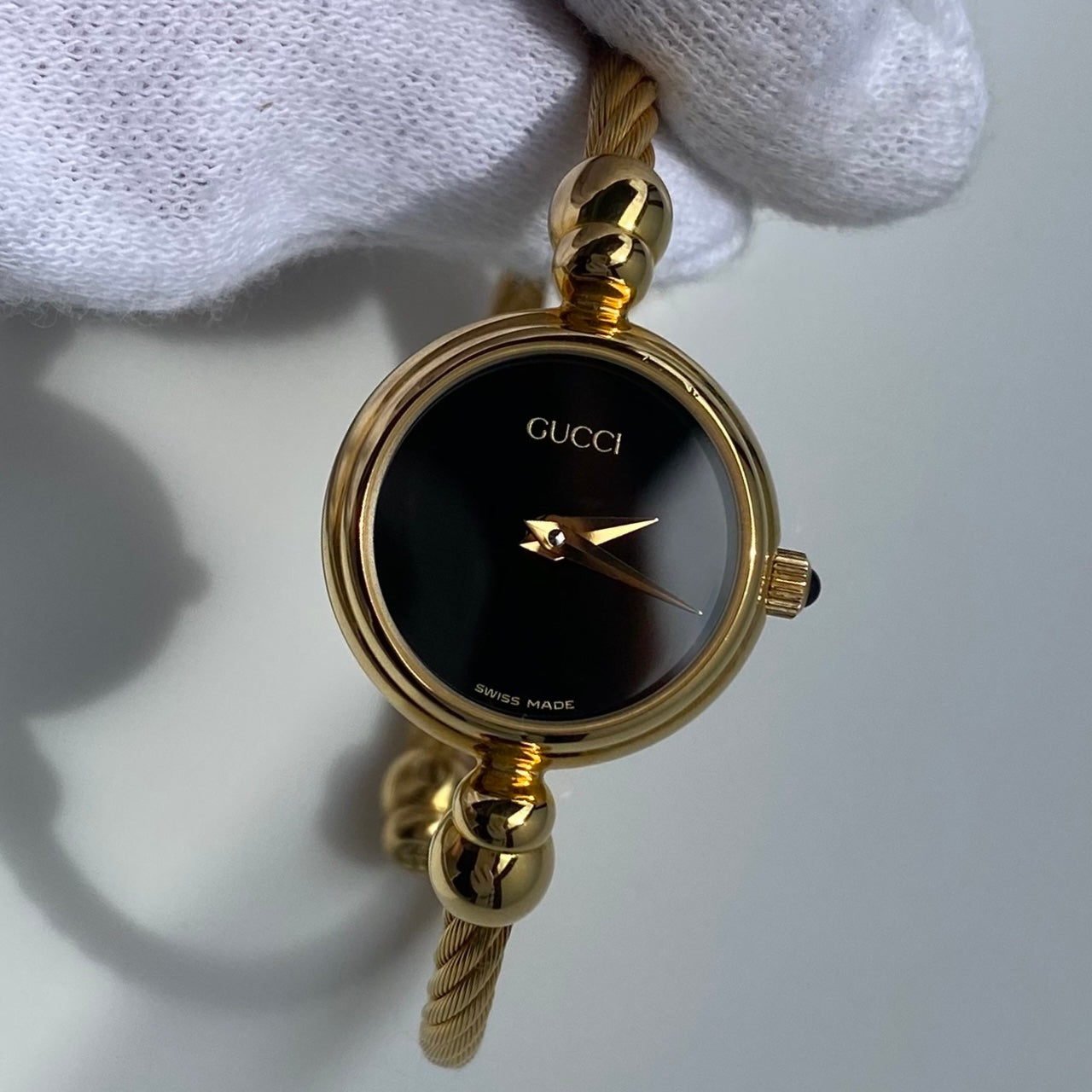 Gucci 1990s Black Dial Gold Plated Cable Bangle Watch