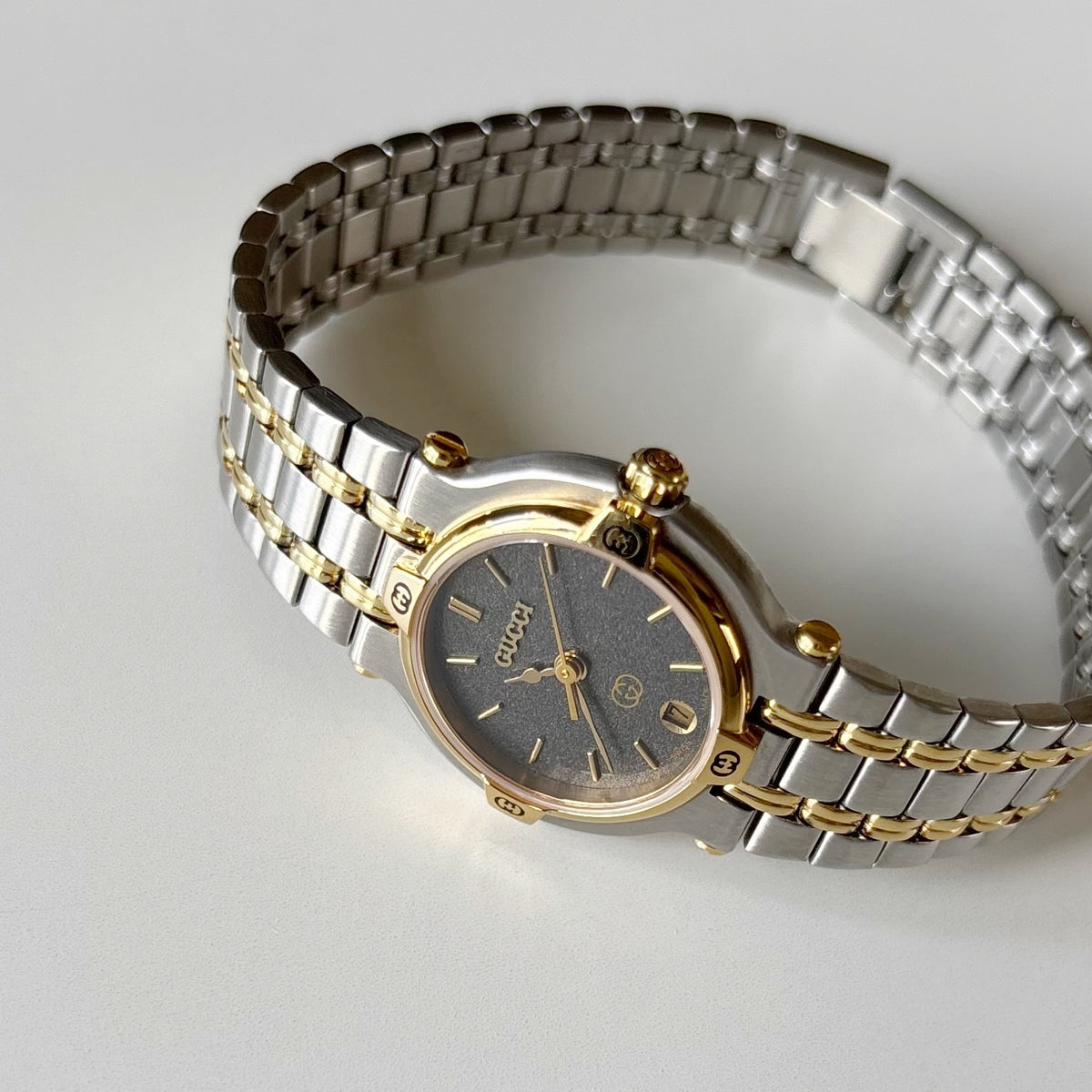 Gucci 1980s Date Round Dial Two Tone Gold Plated Watch