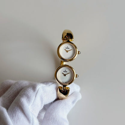 Fendi 1990s Seashell Dial Two Time Zone Gold Plated Bangle Watch