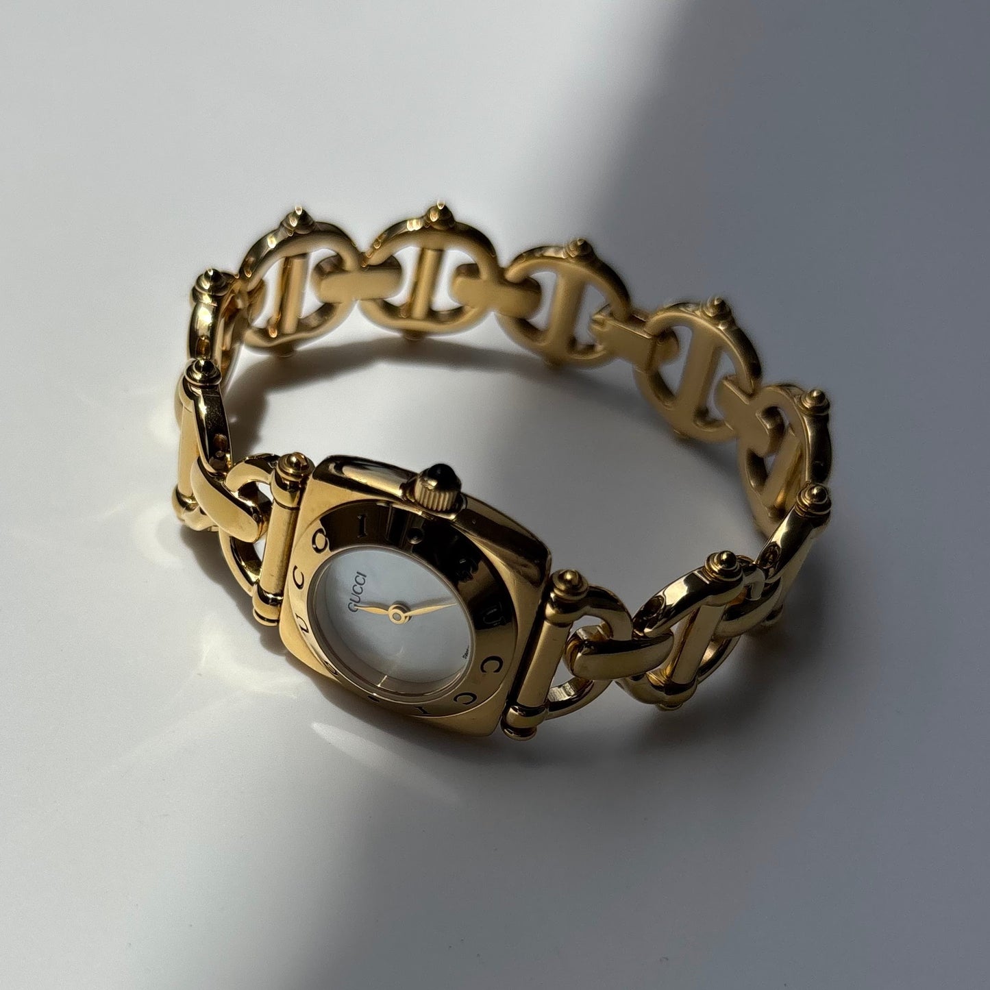 Gucci 1990s Seashell Dial Horsebit Gold Plated Watch
