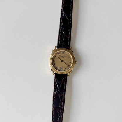 Dior 1990s Date Gold Round Dial Gold Plated Watch
