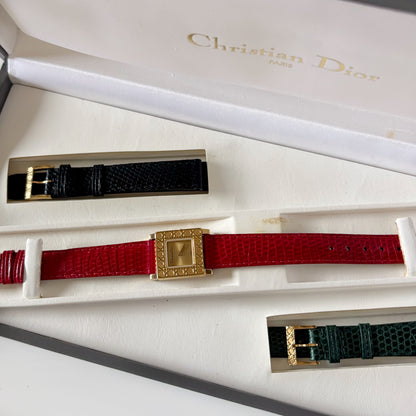 Dior 1990s Square Dial Interchangeable strap Gold Plated Watch with 3 straps, case