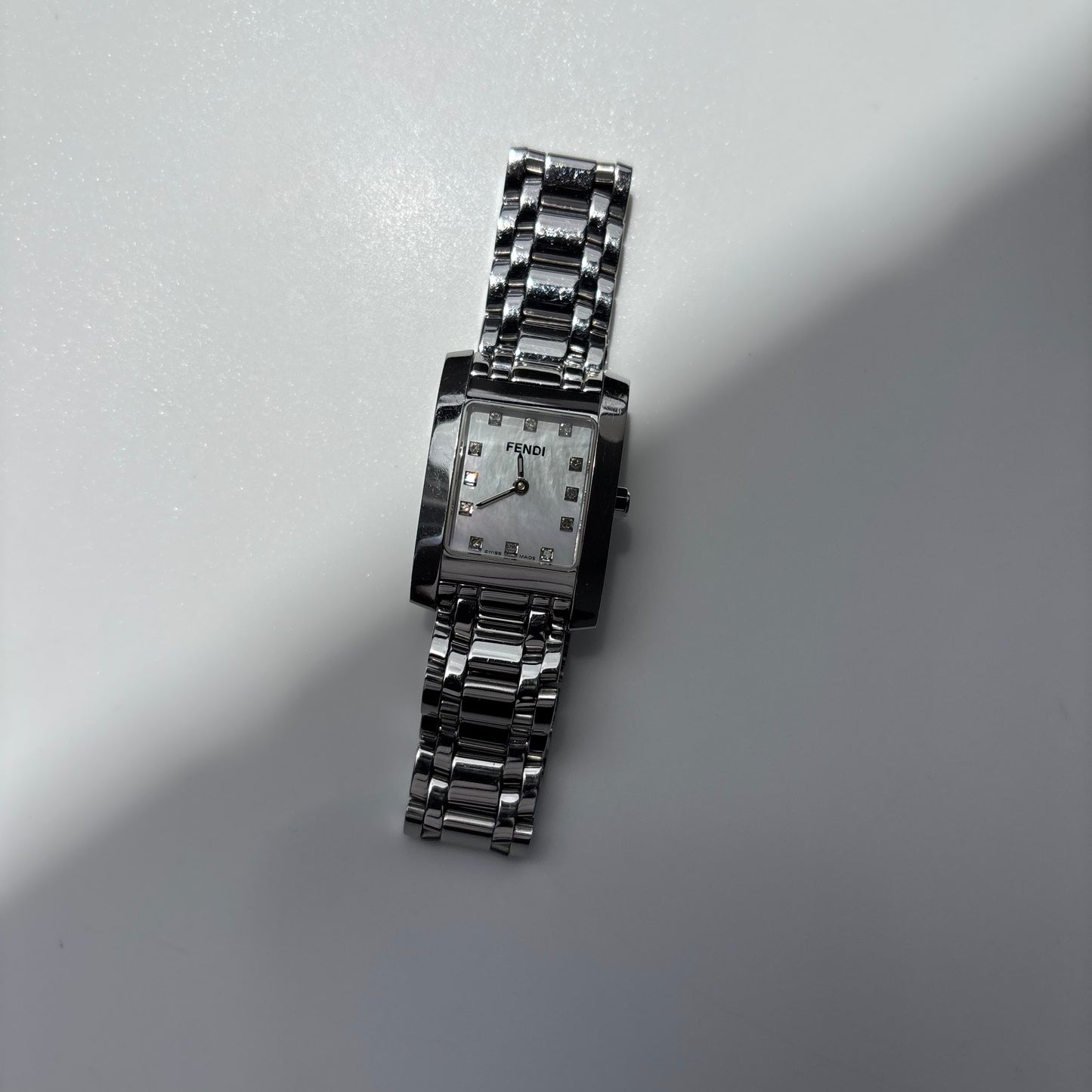 Fendi 1990s Seashell Dial Tank Silver Watch