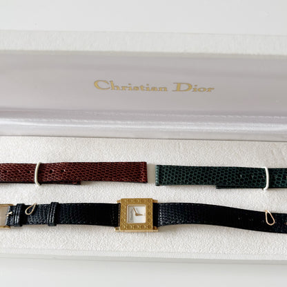Dior 1990s La Parisienne Interchangeable Strap Gold Plated Watch with 3 straps, case