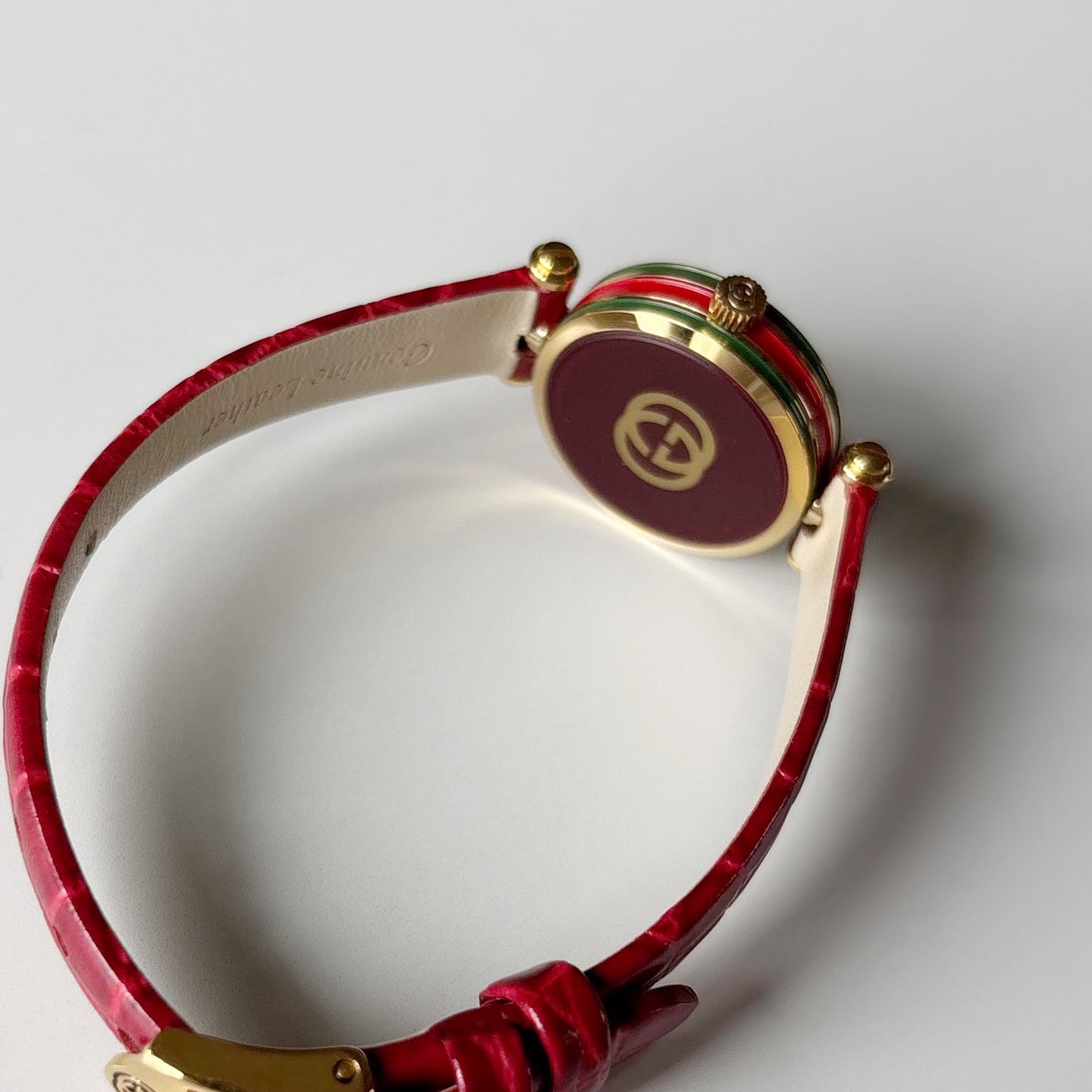 Gucci 1990s Red Round Dial Gold Plated Watch
