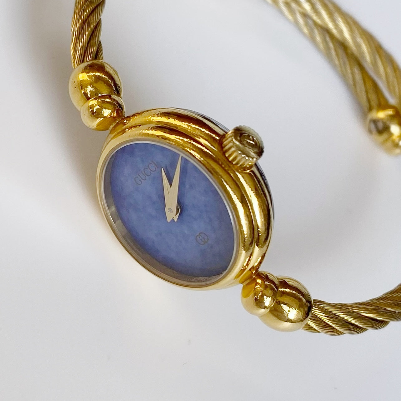 Gucci 1990s Blue Dial Gold Plated Cable Bangle Watch