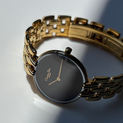 Dior 1990s Bagheera Round Black Dial Gold Plated Watch