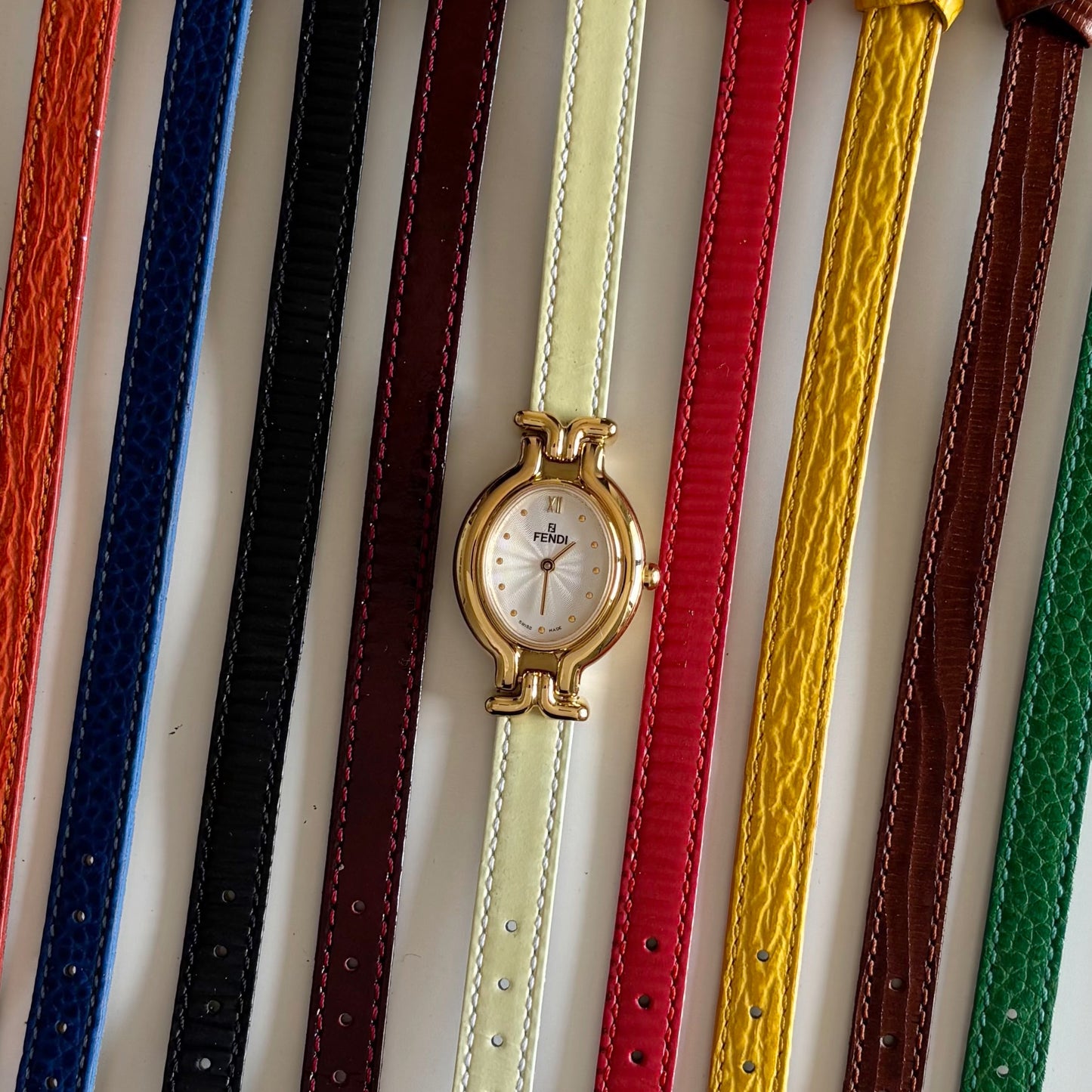 Fendi 1990s Interchangeable Strap Gold Plated Watch with 9 straps, case