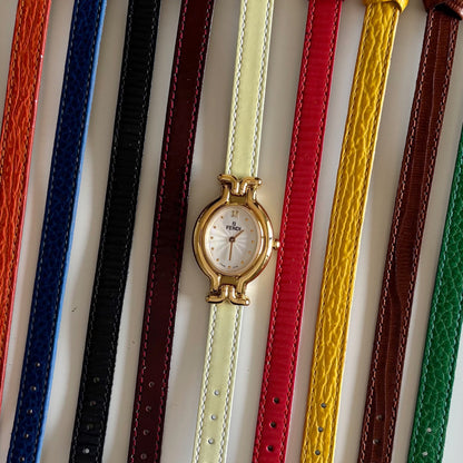 Fendi 1990s Interchangeable Strap Gold Plated Watch with 9 straps, case