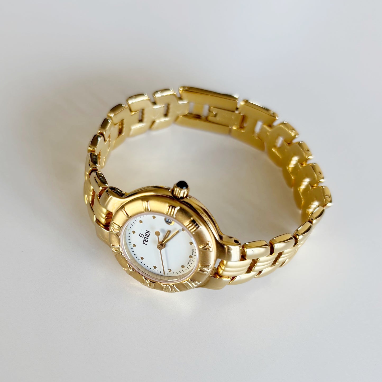 Fendi 1990s Round Dial Date Gold Plated Watch