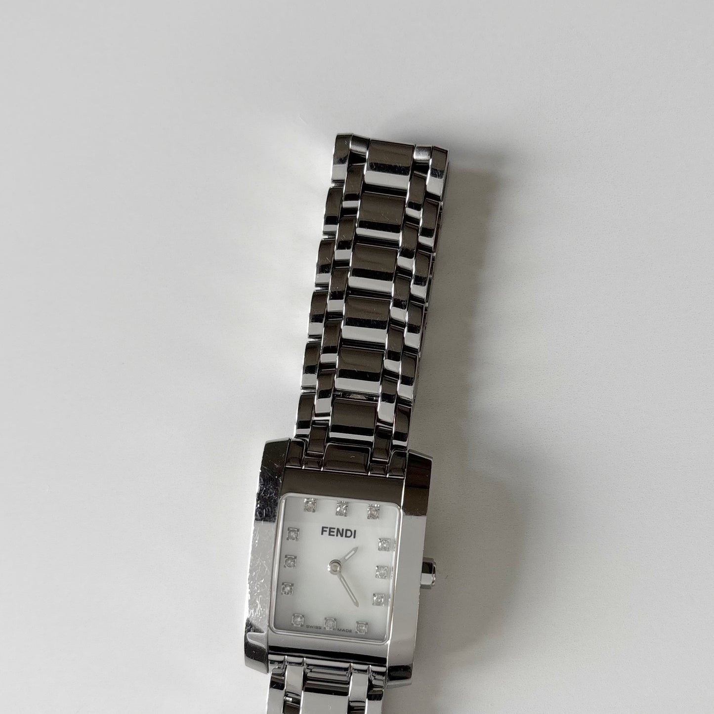 Fendi 1990s Seashell Dial Tank Silver Watch