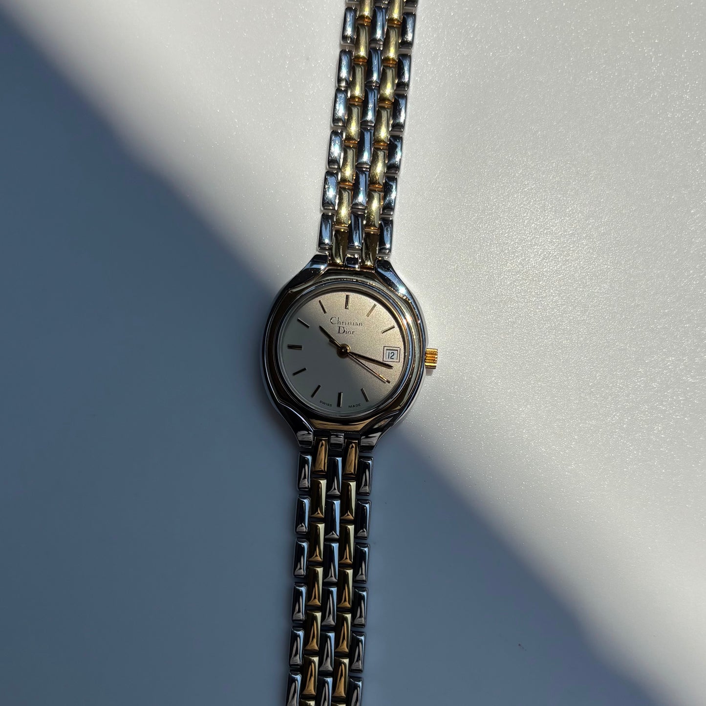 Dior 1990s Date Round Dial Two Tone Gold Plated Watch