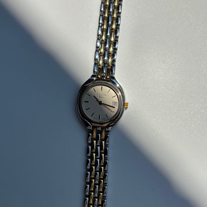 Dior 1990s Date Round Dial Two Tone Gold Plated Watch