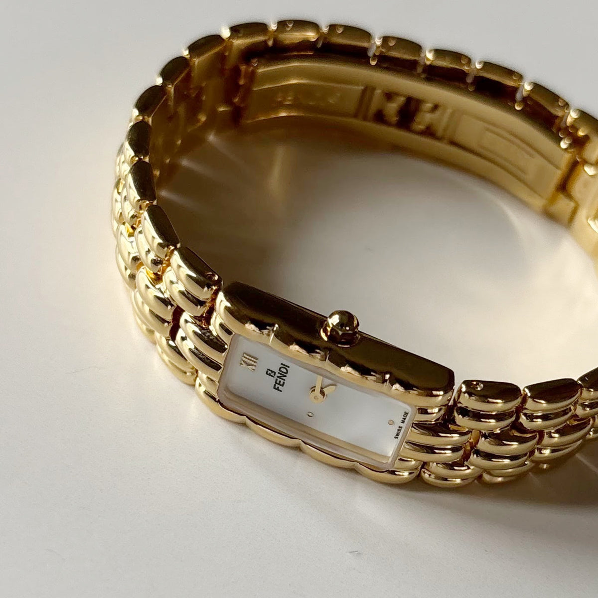 Fendi 1990s Rectangular White Dial Gold Plated Watch
