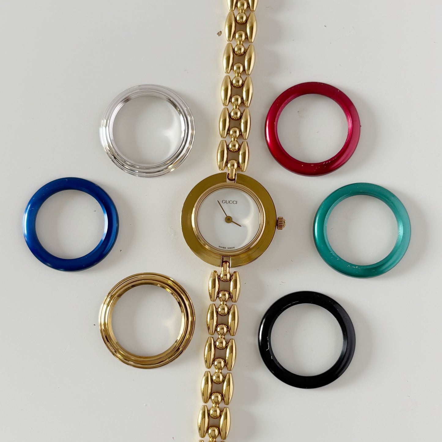 Gucci 1990s Interchangeable Bezel Gold Plated Watch with 6 bezels, case (160mm)
