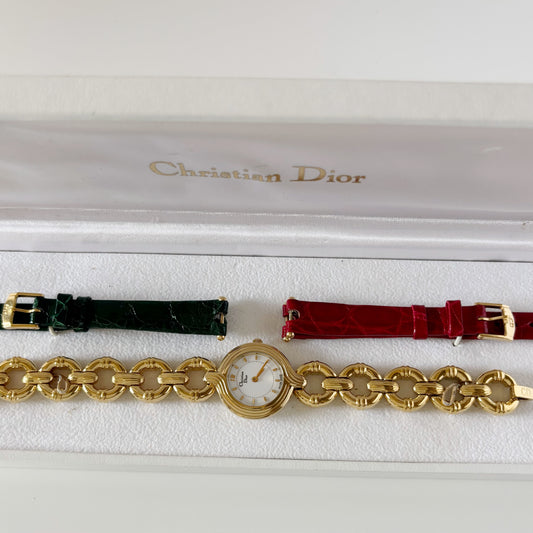 Dior 1990s Round Dial Interchangeable strap Gold Plated Watch with 3 straps, case