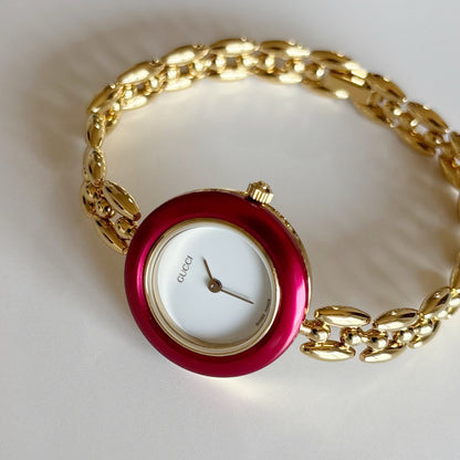 Gucci 1990s Interchangeable Bezel Gold Plated Rice Chain Watch with 6 bezels, case (175mm)
