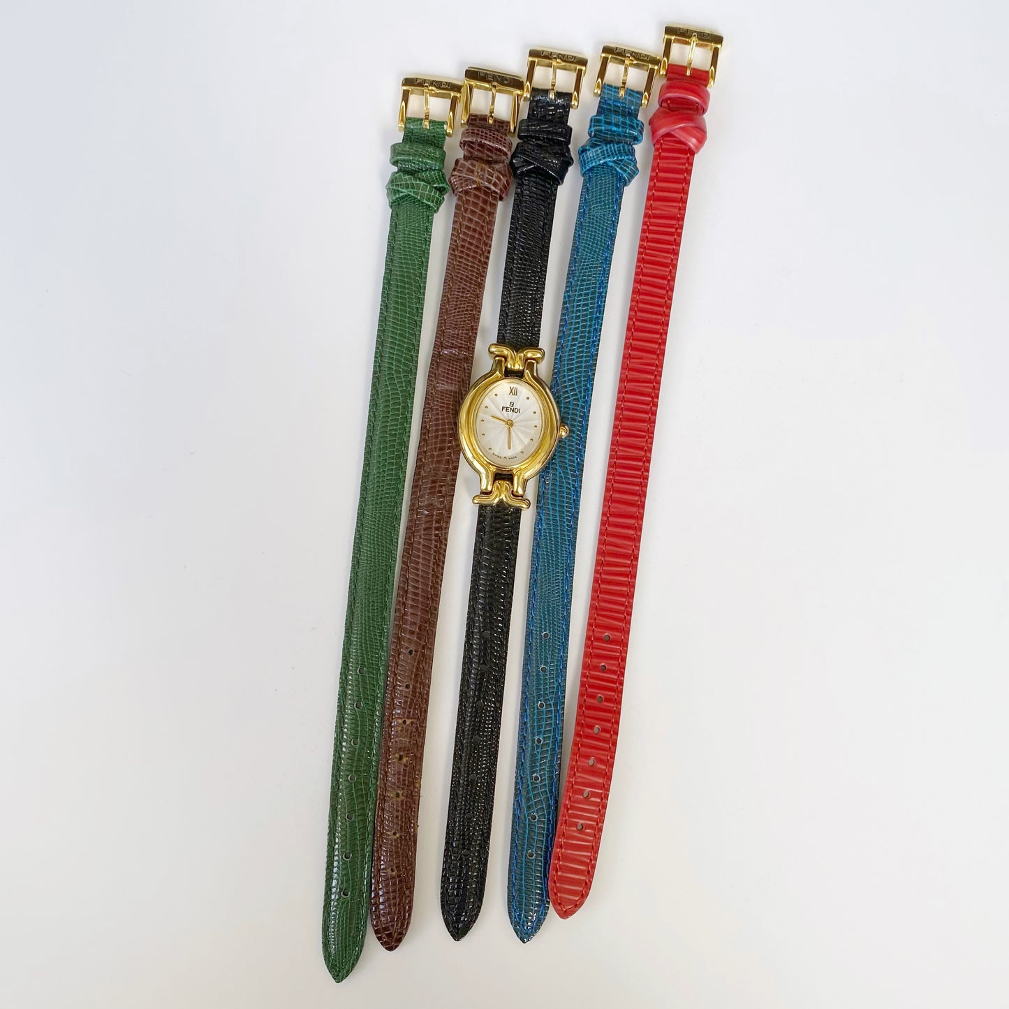 Fendi 1990s Interchangeable Belt Watch with 5 belts, case