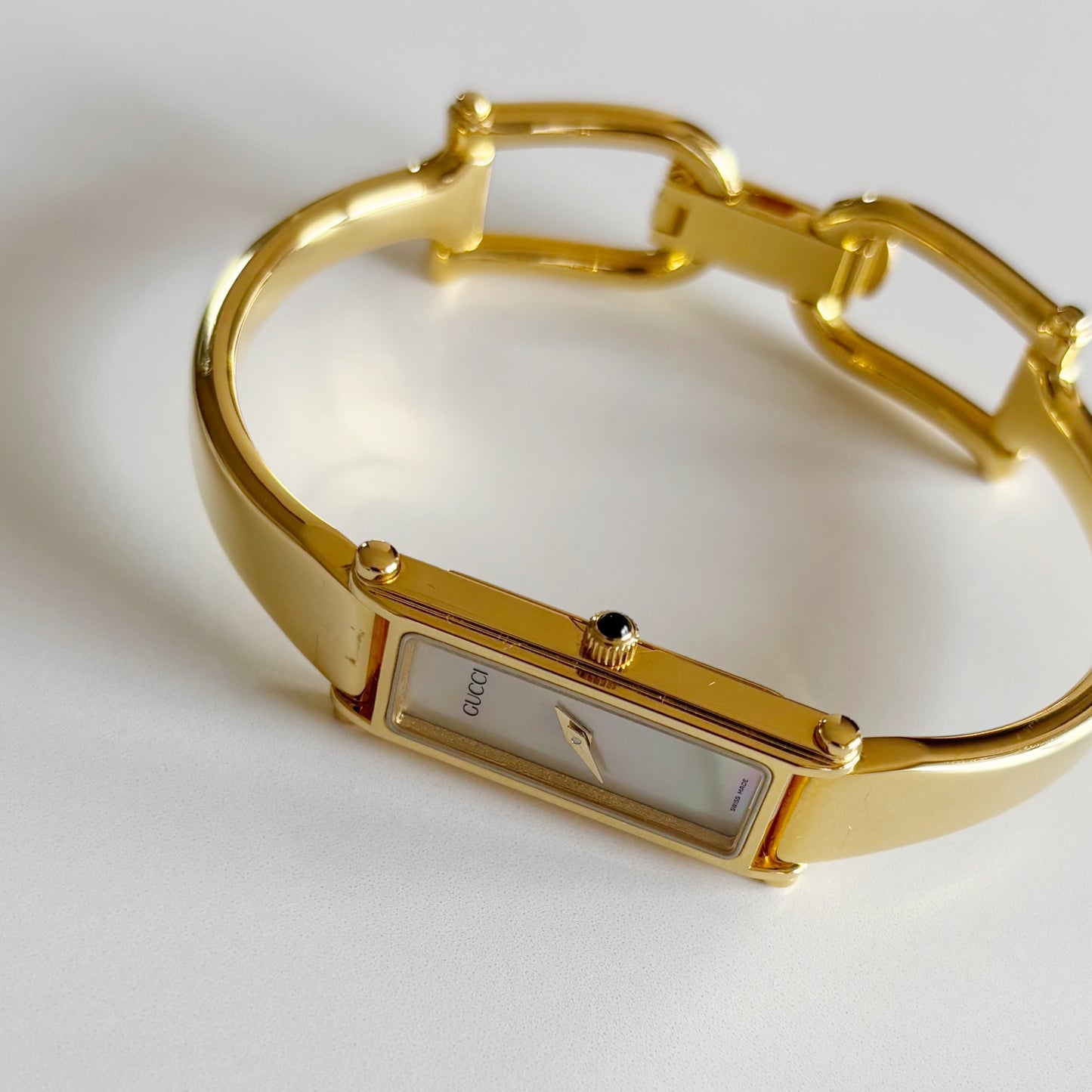Gucci 1990s Seashell Dial Rectangular Gold Plated Bangle Watch