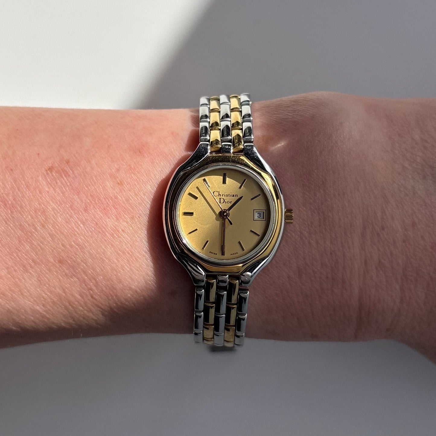 Dior 1990s Date Round Dial Two Tone Gold Plated Watch