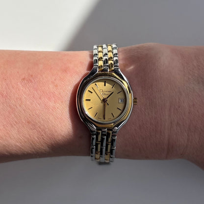 Dior 1990s Date Round Dial Two Tone Gold Plated Watch