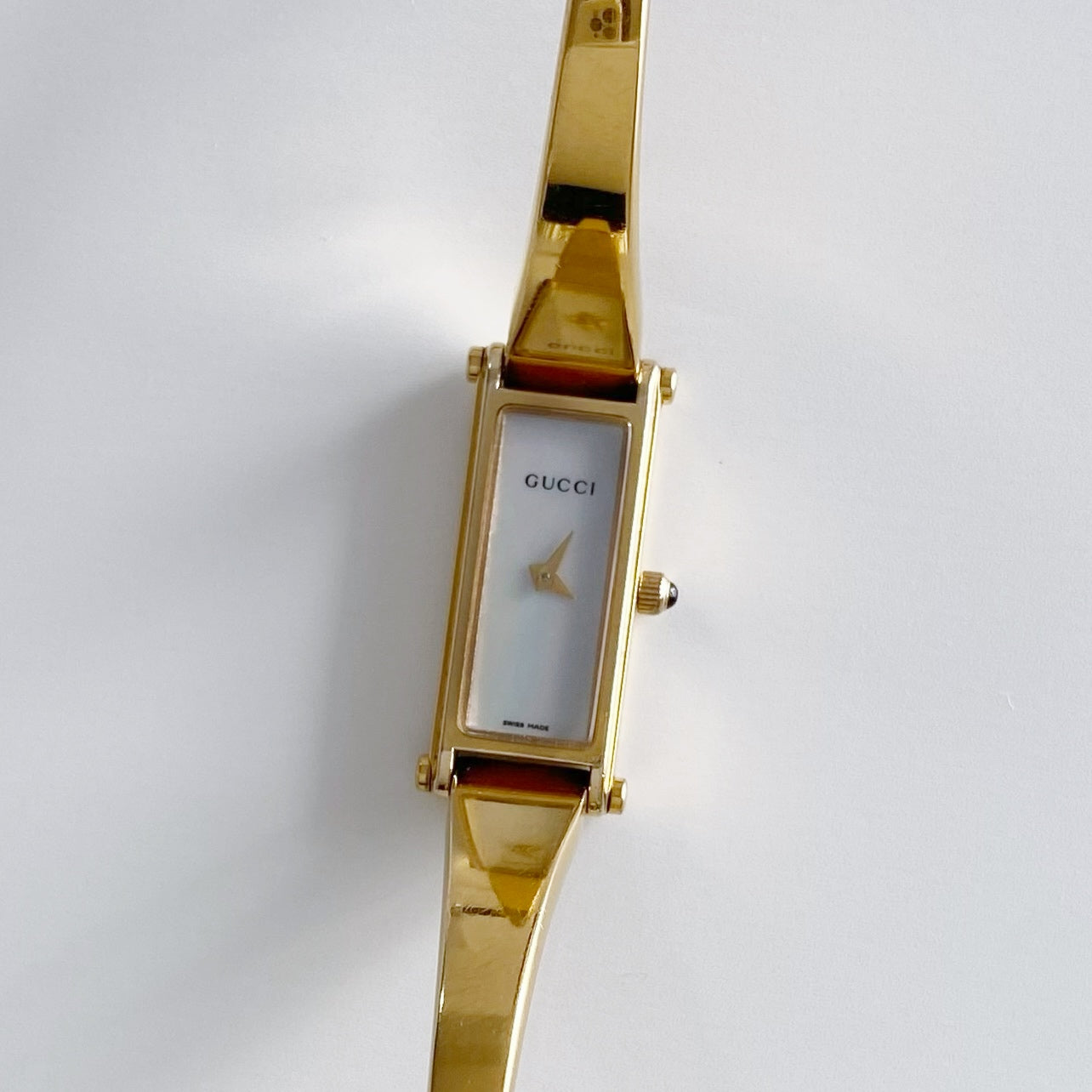 Gucci 1990s Seashell Dial Rectangular Gold Plated Bangle Watch