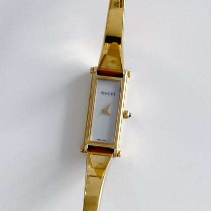 Gucci 1990s Seashell Dial Rectangular Gold Plated Bangle Watch