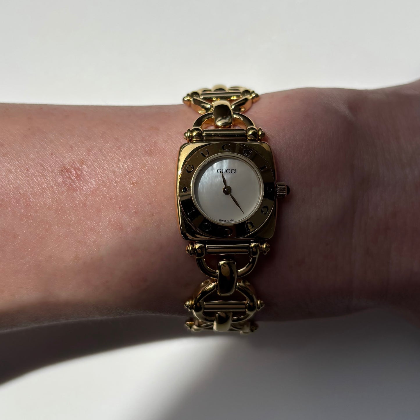 Gucci 1990s Seashell Dial Horsebit Gold Plated Watch
