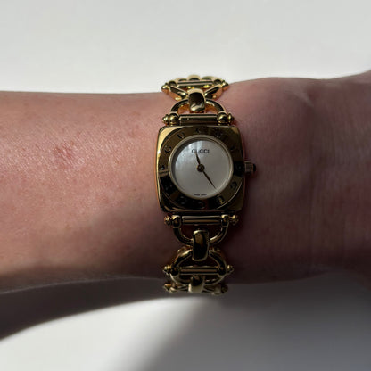 Gucci 1990s Seashell Dial Horsebit Gold Plated Watch