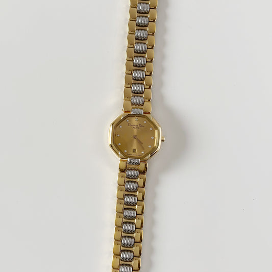 Dior 1990s Octagon Gold Dial Two-Tone Gold-Plated Watch