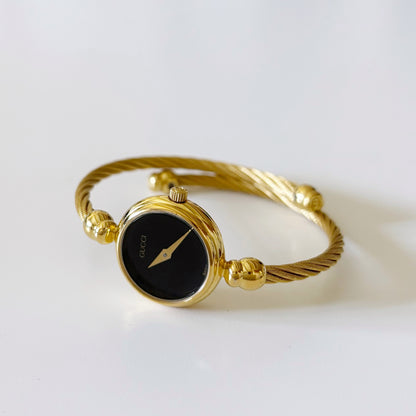 Gucci 1990s Black Dial Gold Plated Cable Bangle Watch