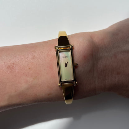 Gucci 1990s Seashell Dial Rectangular Gold-Plated Bangle Watch